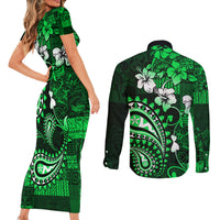 Fiji Masi Paisley With Hibiscus Tapa Couples Matching Short Sleeve Bodycon Dress and Long Sleeve Button Shirt Green Version LT01 - Polynesian Pride