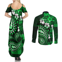 Fiji Masi Paisley With Hibiscus Tapa Couples Matching Summer Maxi Dress and Long Sleeve Button Shirt Green Version LT01 - Polynesian Pride