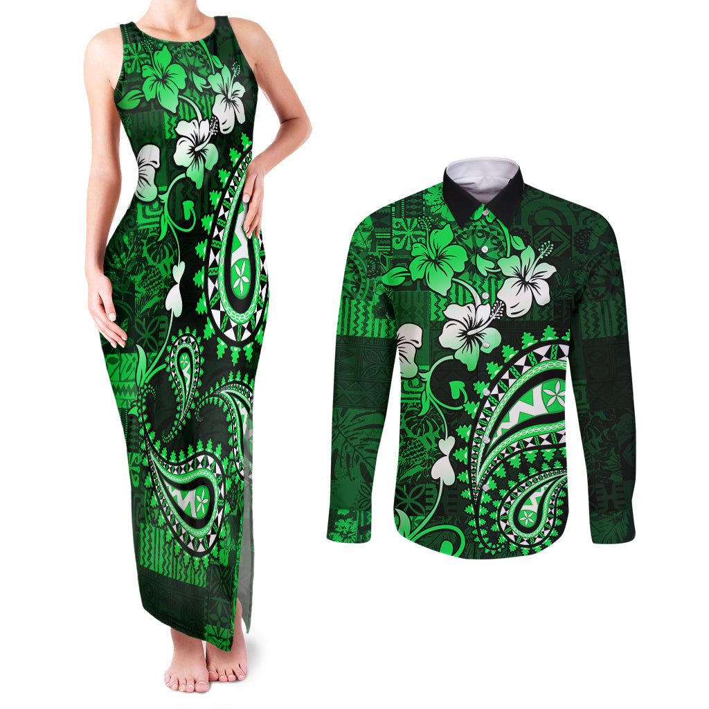 Fiji Masi Paisley With Hibiscus Tapa Couples Matching Tank Maxi Dress and Long Sleeve Button Shirt Green Version LT01 Green - Polynesian Pride