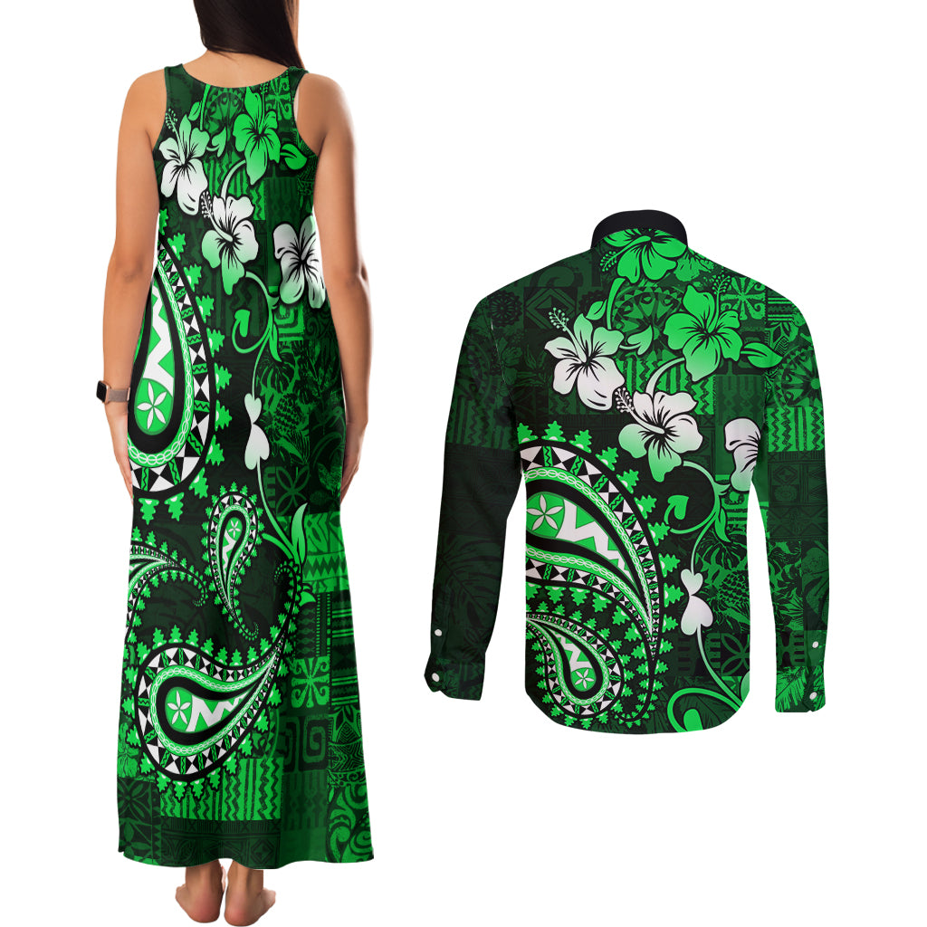 Fiji Masi Paisley With Hibiscus Tapa Couples Matching Tank Maxi Dress and Long Sleeve Button Shirt Green Version LT01 - Polynesian Pride