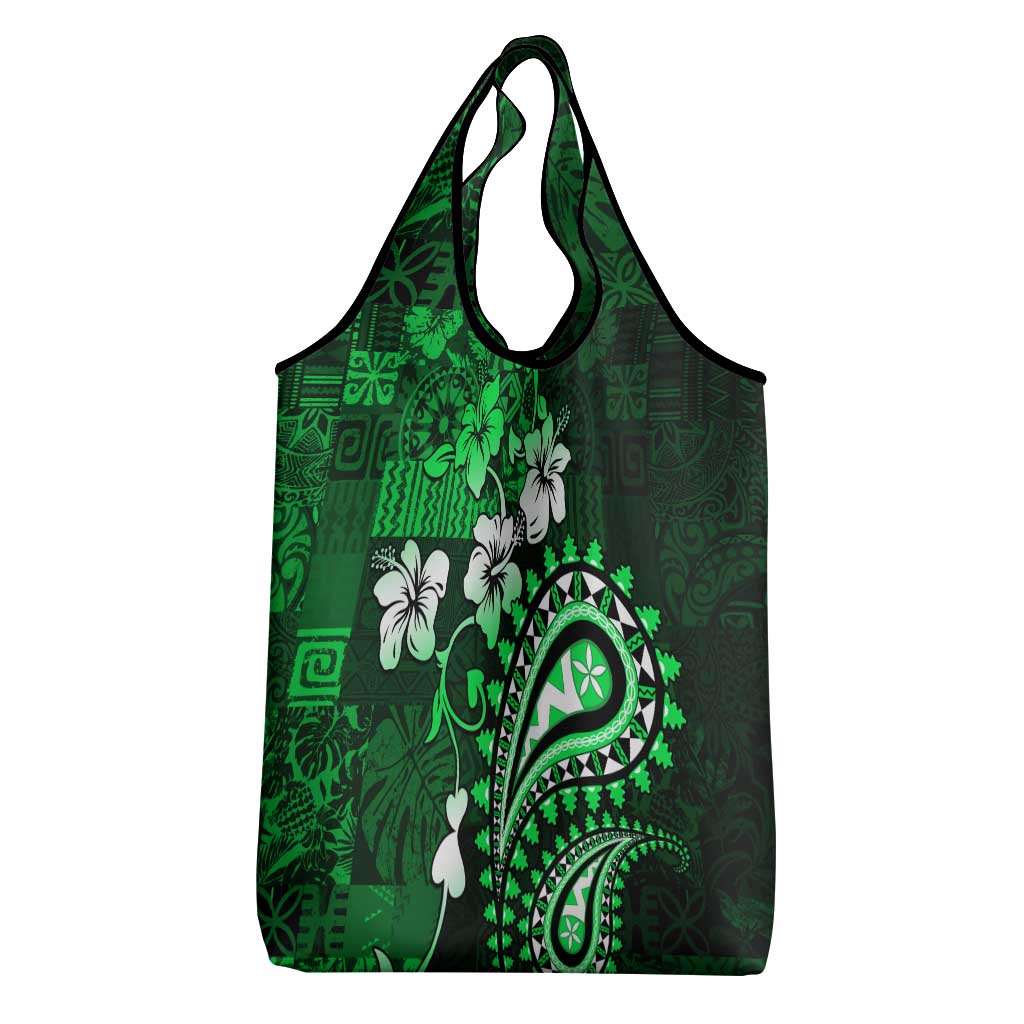 Fiji Masi Paisley With Hibiscus Tapa Grocery Bag Green Version