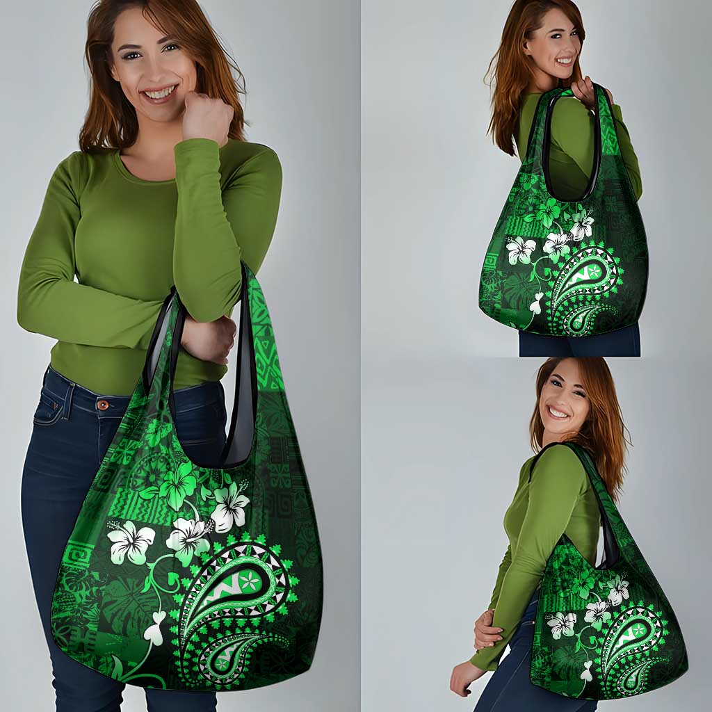 Fiji Masi Paisley With Hibiscus Tapa Grocery Bag Green Version