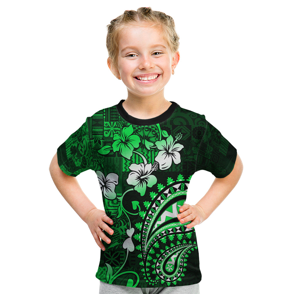 Fiji Masi Paisley With Hibiscus Tapa Kid T Shirt Green Version LT01 Green - Polynesian Pride