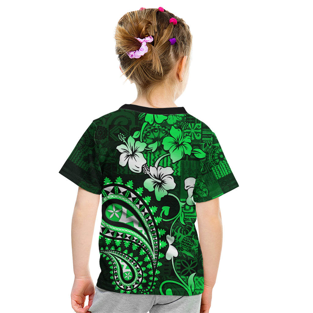 Fiji Masi Paisley With Hibiscus Tapa Kid T Shirt Green Version LT01 - Polynesian Pride
