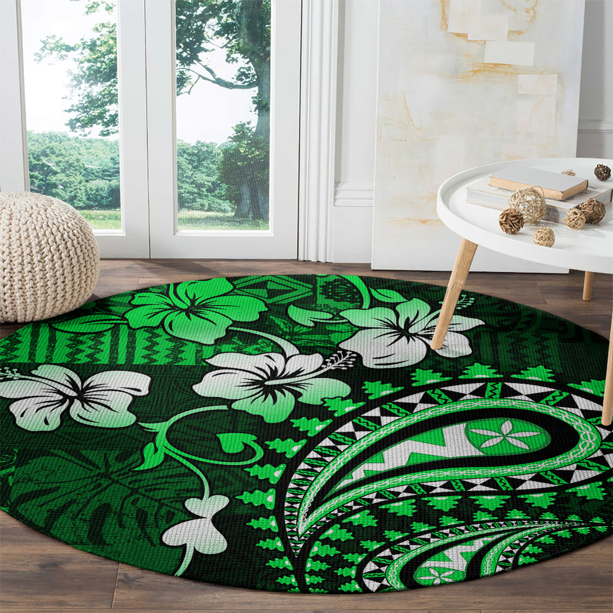 Fiji Masi Paisley With Hibiscus Tapa Round Carpet Green Version LT01 - Polynesian Pride