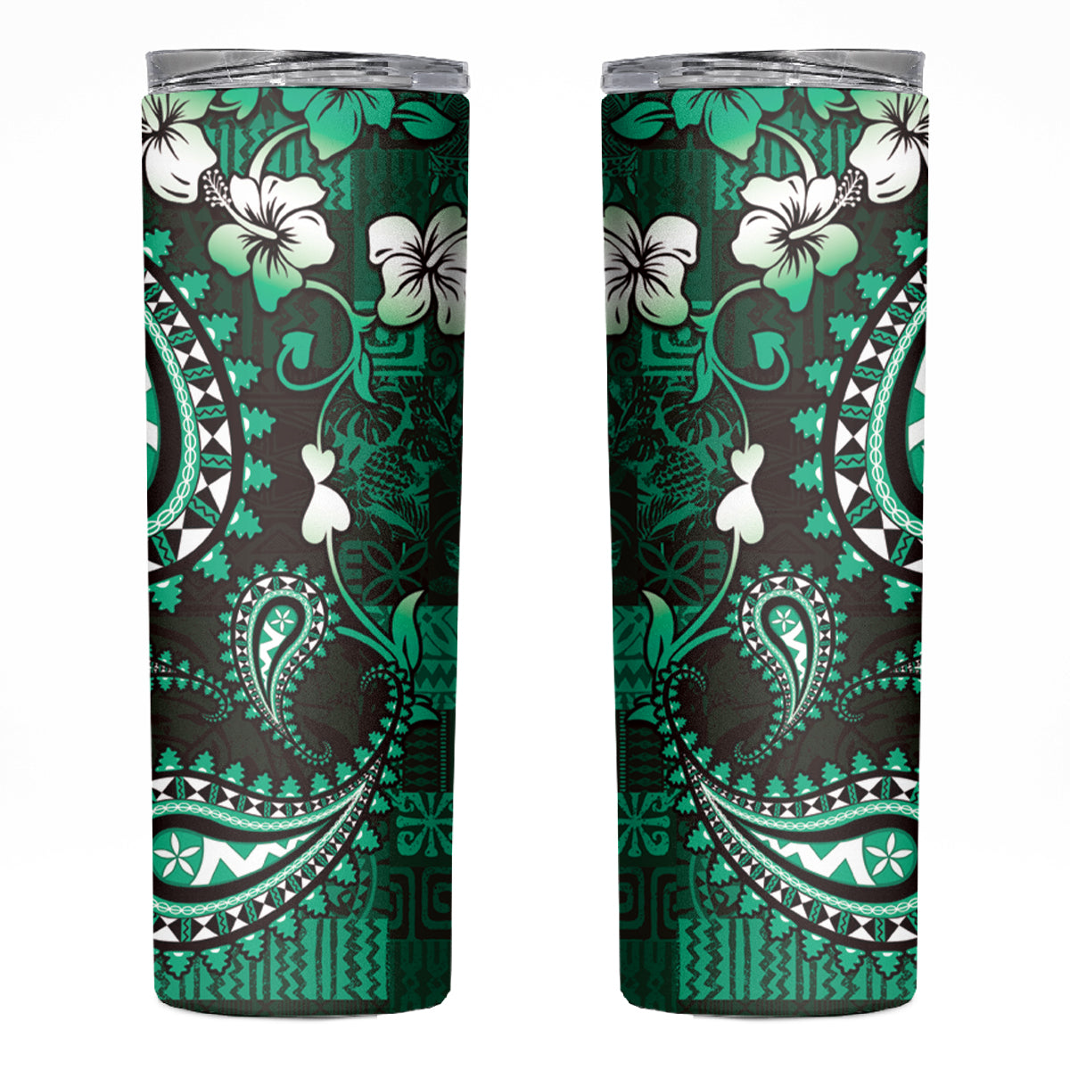 Fiji Masi Paisley With Hibiscus Tapa Skinny Tumbler Green Version