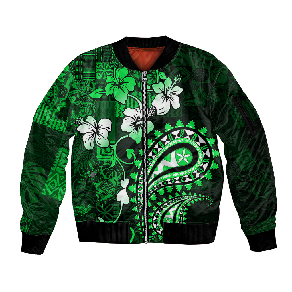 Fiji Masi Paisley With Hibiscus Tapa Sleeve Zip Bomber Jacket Green Version LT01 Unisex Green - Polynesian Pride