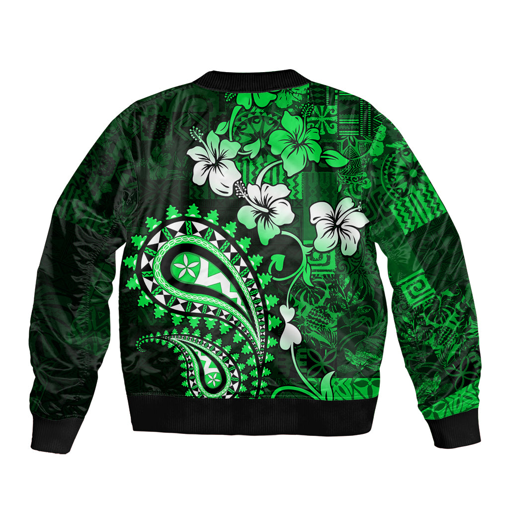 Fiji Masi Paisley With Hibiscus Tapa Sleeve Zip Bomber Jacket Green Version LT01 - Polynesian Pride