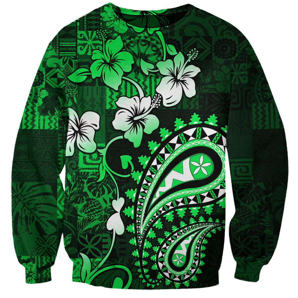 Fiji Masi Paisley With Hibiscus Tapa Sweatshirt Green Version LT01 Unisex Green - Polynesian Pride