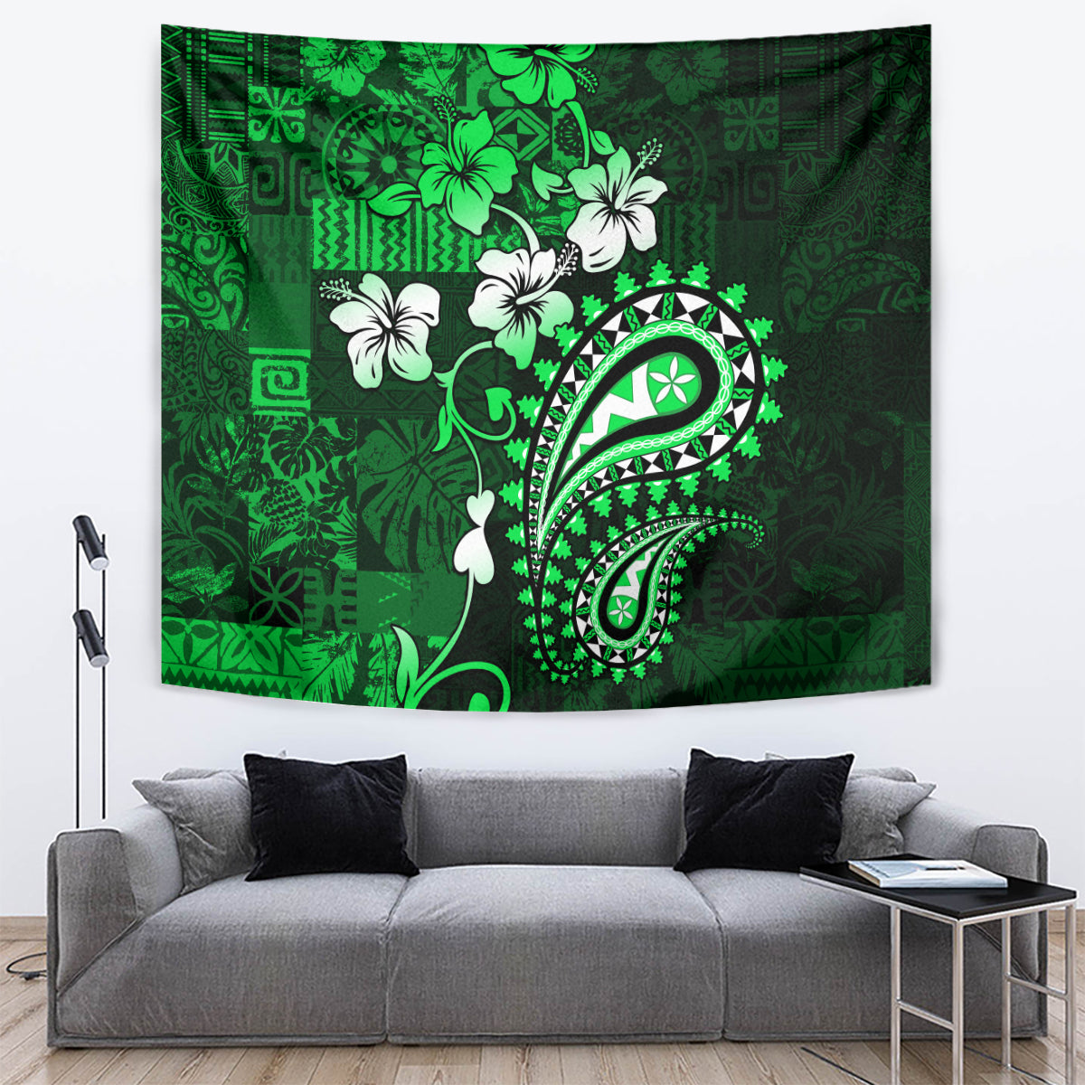 Fiji Masi Paisley With Hibiscus Tapa Tapestry Green Version LT01 - Polynesian Pride