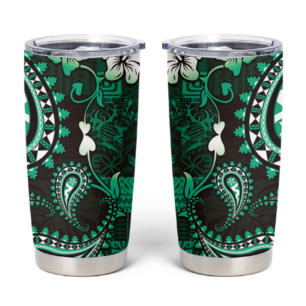 Fiji Masi Paisley With Hibiscus Tapa Tumbler Cup Green Version