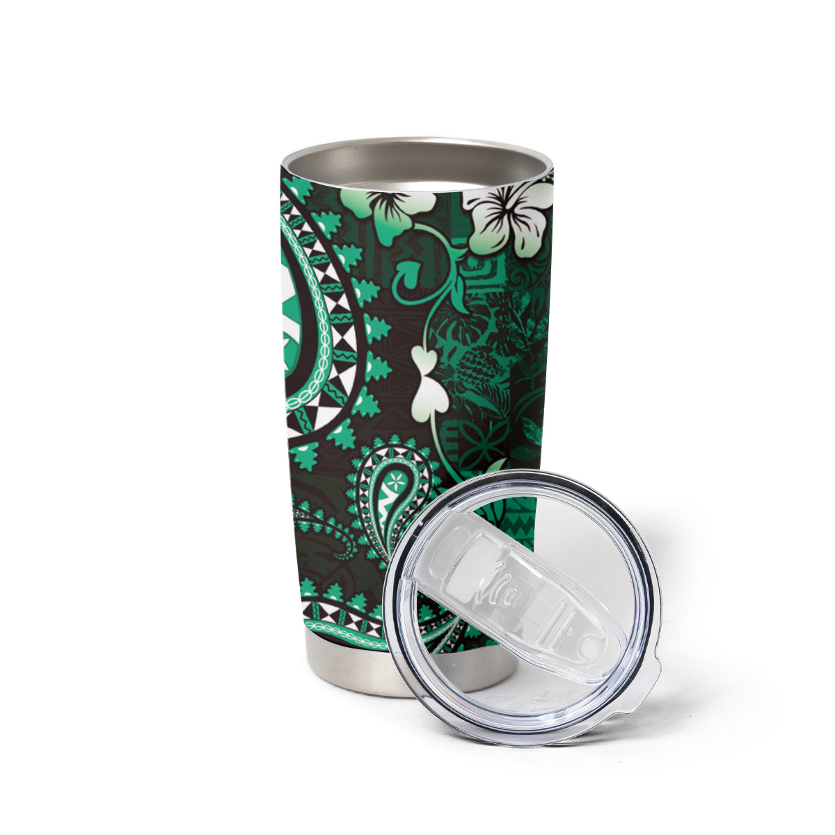 Fiji Masi Paisley With Hibiscus Tapa Tumbler Cup Green Version