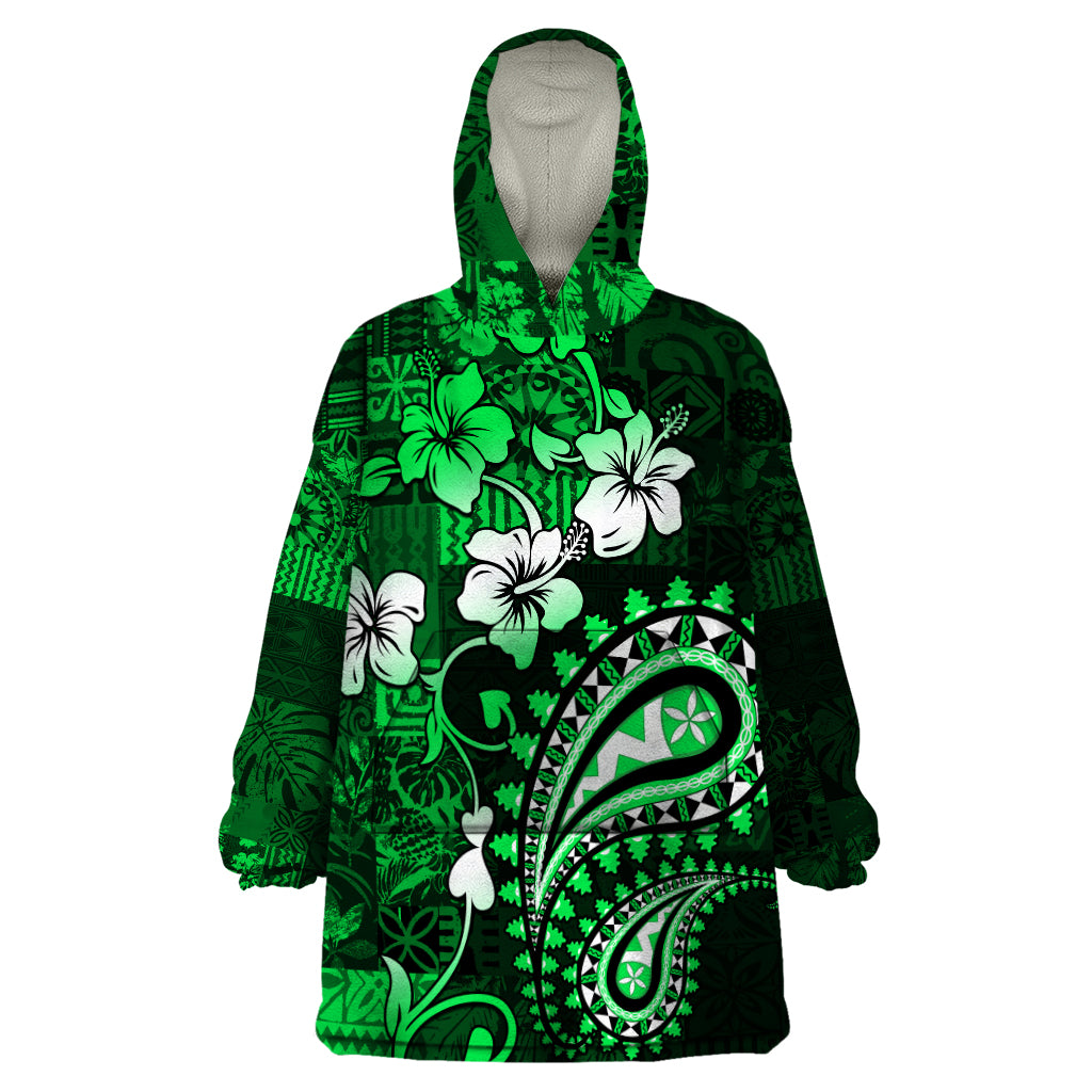 Fiji Masi Paisley With Hibiscus Tapa Wearable Blanket Hoodie Green Version LT01 One Size Green - Polynesian Pride