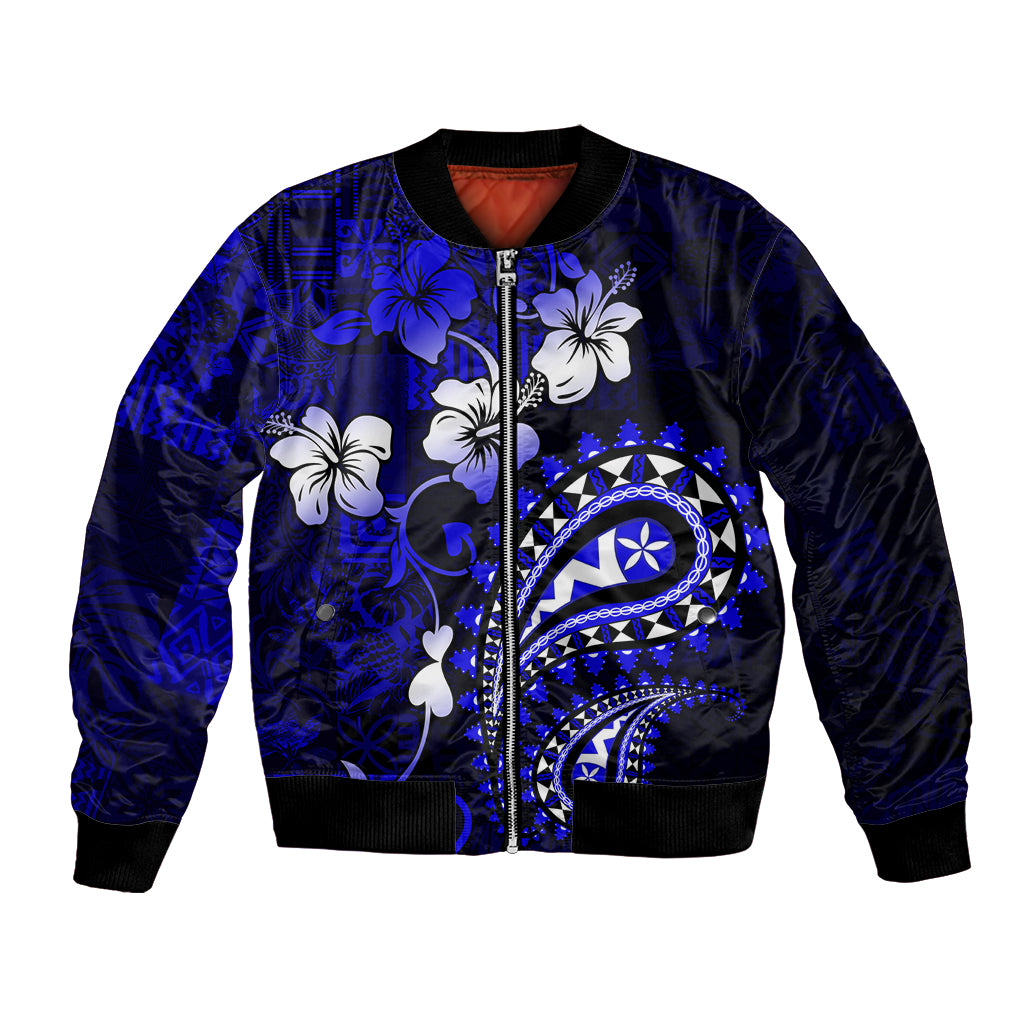 Fiji Masi Paisley With Hibiscus Tapa Bomber Jacket Navy Blue Version LT01 Unisex Blue - Polynesian Pride