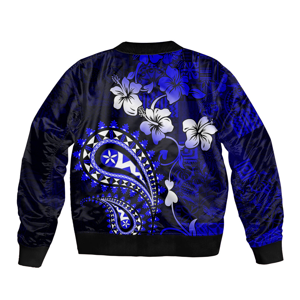 Fiji Masi Paisley With Hibiscus Tapa Bomber Jacket Navy Blue Version LT01 - Polynesian Pride