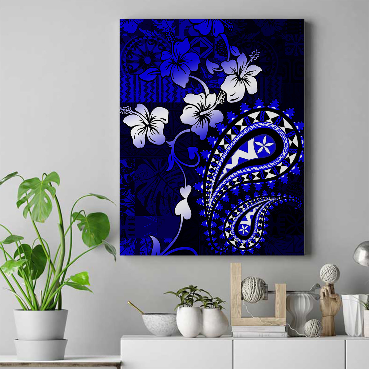 Fiji Masi Paisley With Hibiscus Tapa Canvas Wall Art Navy Blue Version LT01 Blue - Polynesian Pride