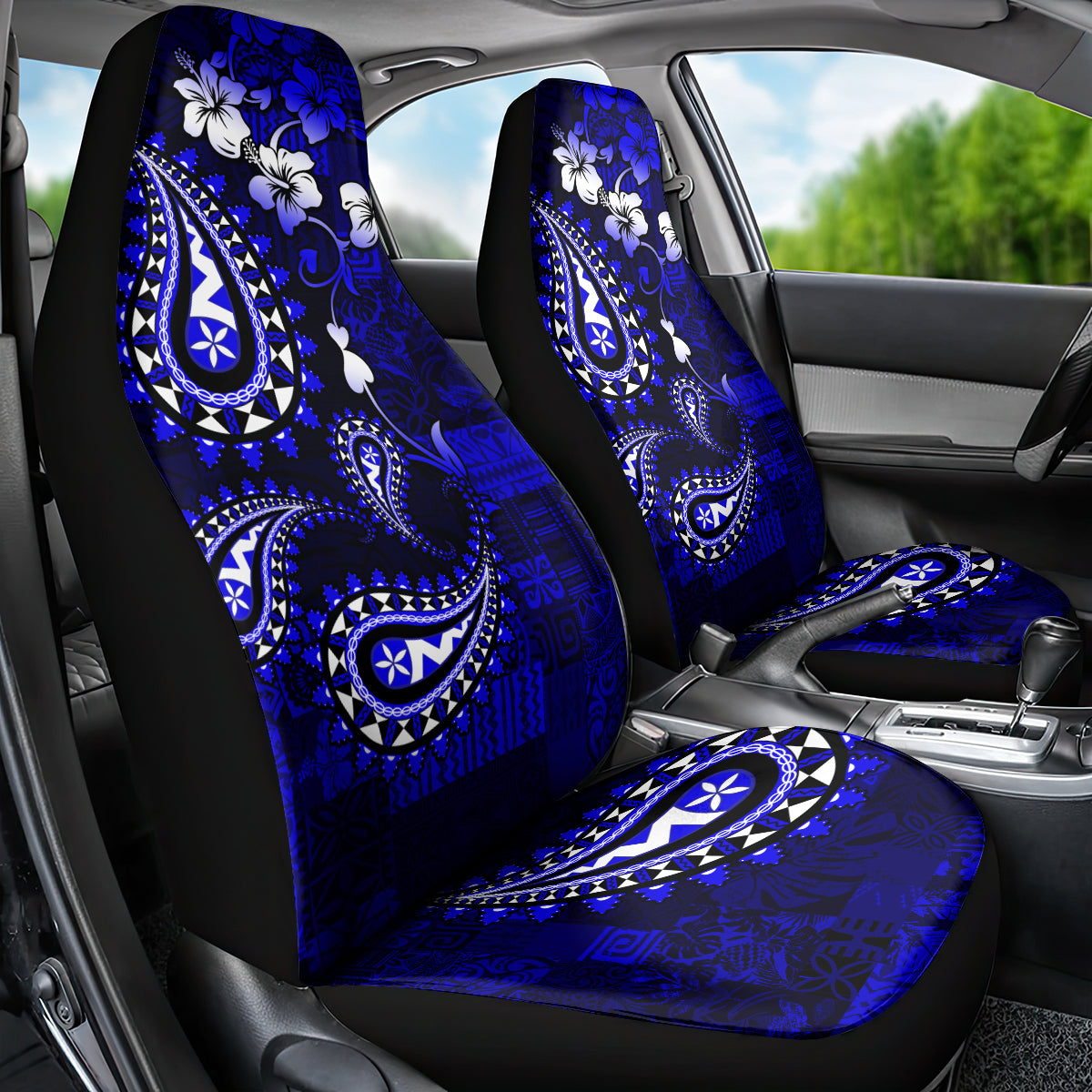 Fiji Masi Paisley With Hibiscus Tapa Car Seat Cover Navy Blue Version LT01 - Polynesian Pride