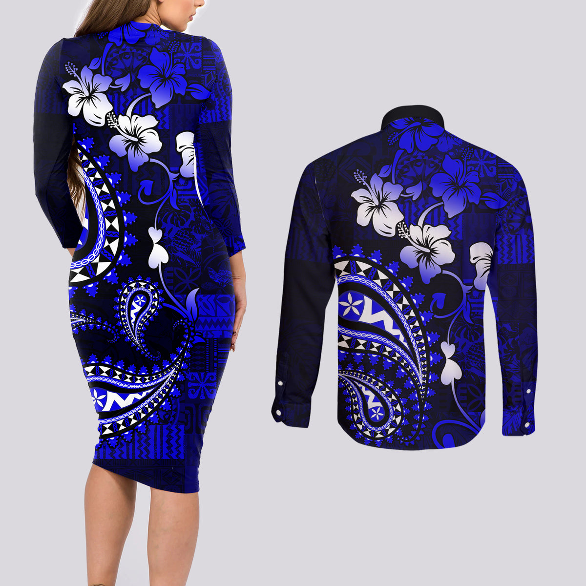 Fiji Masi Paisley With Hibiscus Tapa Couples Matching Long Sleeve Bodycon Dress and Long Sleeve Button Shirt Navy Blue Version LT01 - Polynesian Pride