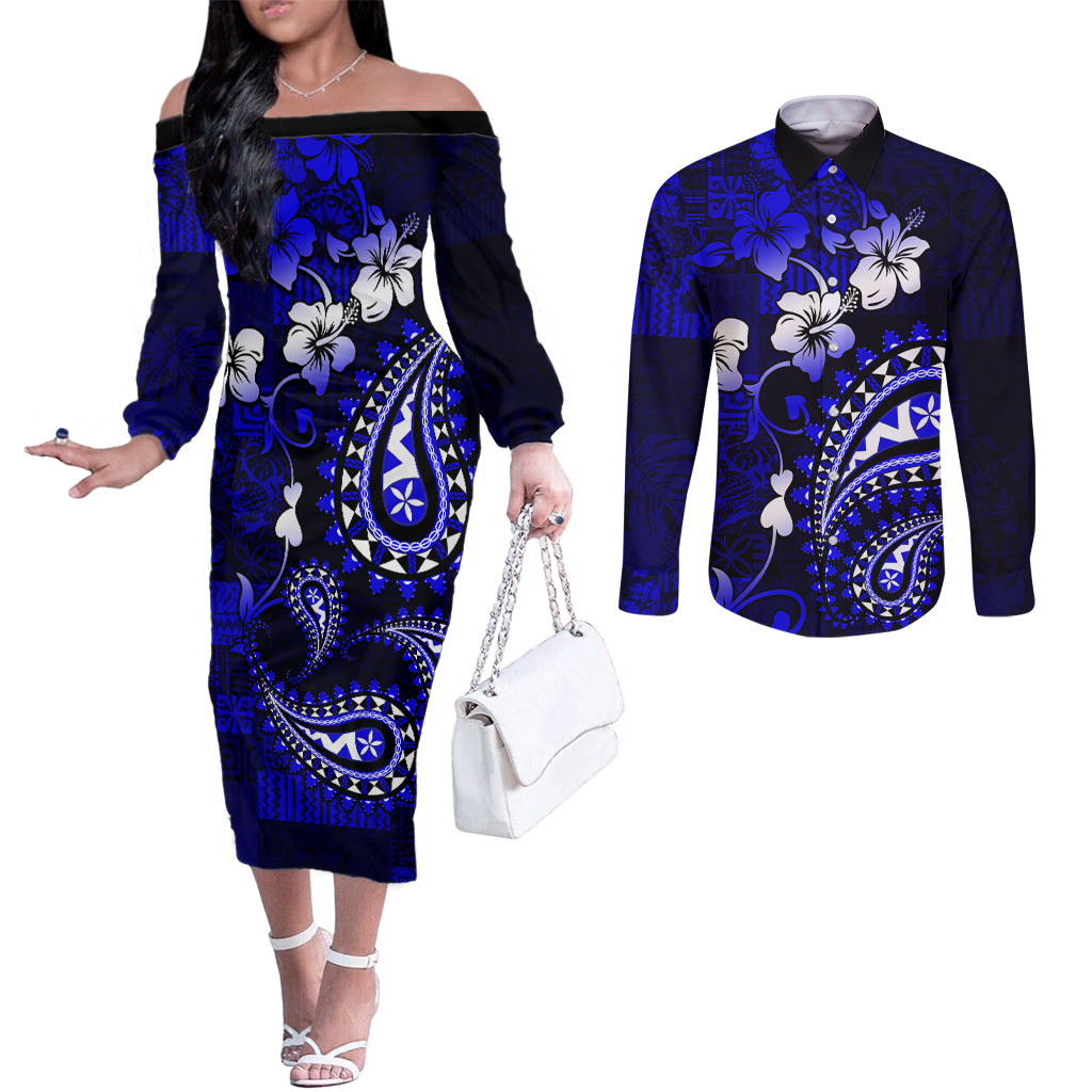 Fiji Masi Paisley With Hibiscus Tapa Couples Matching Off The Shoulder Long Sleeve Dress and Long Sleeve Button Shirt Navy Blue Version LT01 Blue - Polynesian Pride