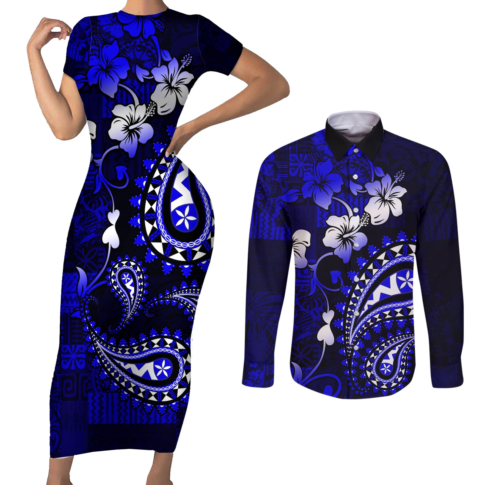 Fiji Masi Paisley With Hibiscus Tapa Couples Matching Short Sleeve Bodycon Dress and Long Sleeve Button Shirt Navy Blue Version LT01 Blue - Polynesian Pride