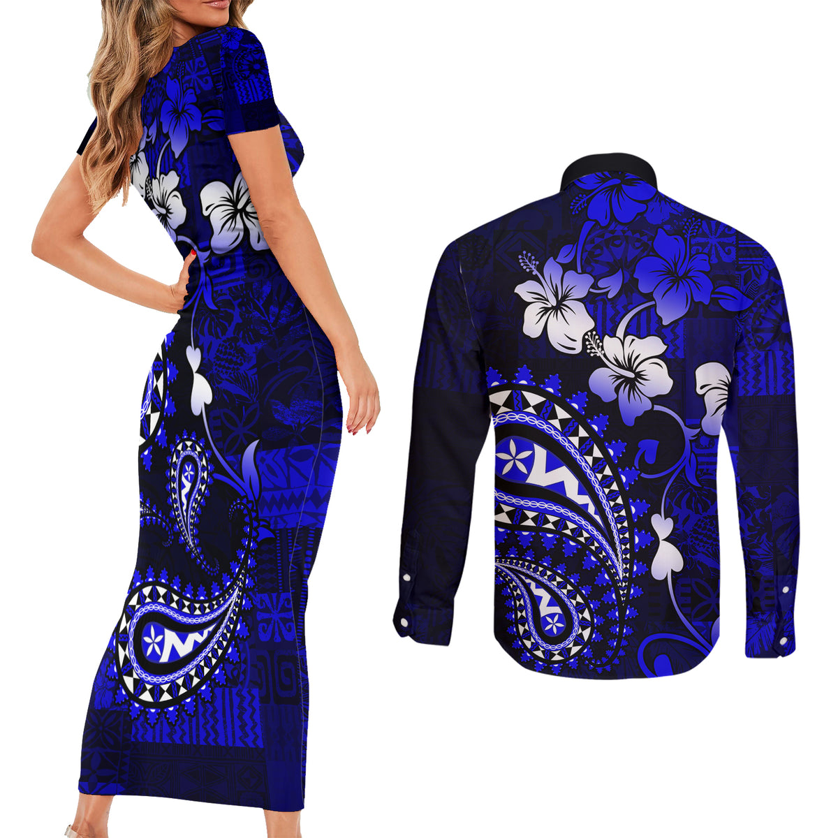 Fiji Masi Paisley With Hibiscus Tapa Couples Matching Short Sleeve Bodycon Dress and Long Sleeve Button Shirt Navy Blue Version LT01 - Polynesian Pride