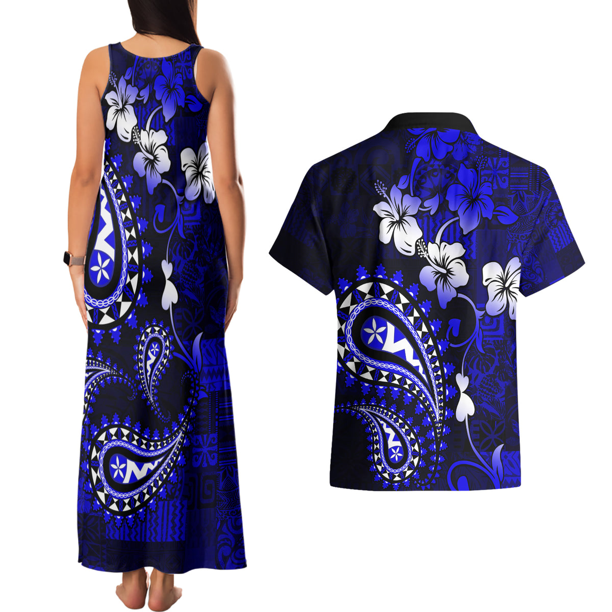 Fiji Masi Paisley With Hibiscus Tapa Couples Matching Tank Maxi Dress and Hawaiian Shirt Navy Blue Version LT01 - Polynesian Pride