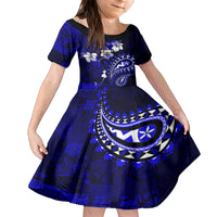 Fiji Masi Paisley With Hibiscus Tapa Kid Short Sleeve Dress Navy Blue Version LT01 KID Blue - Polynesian Pride