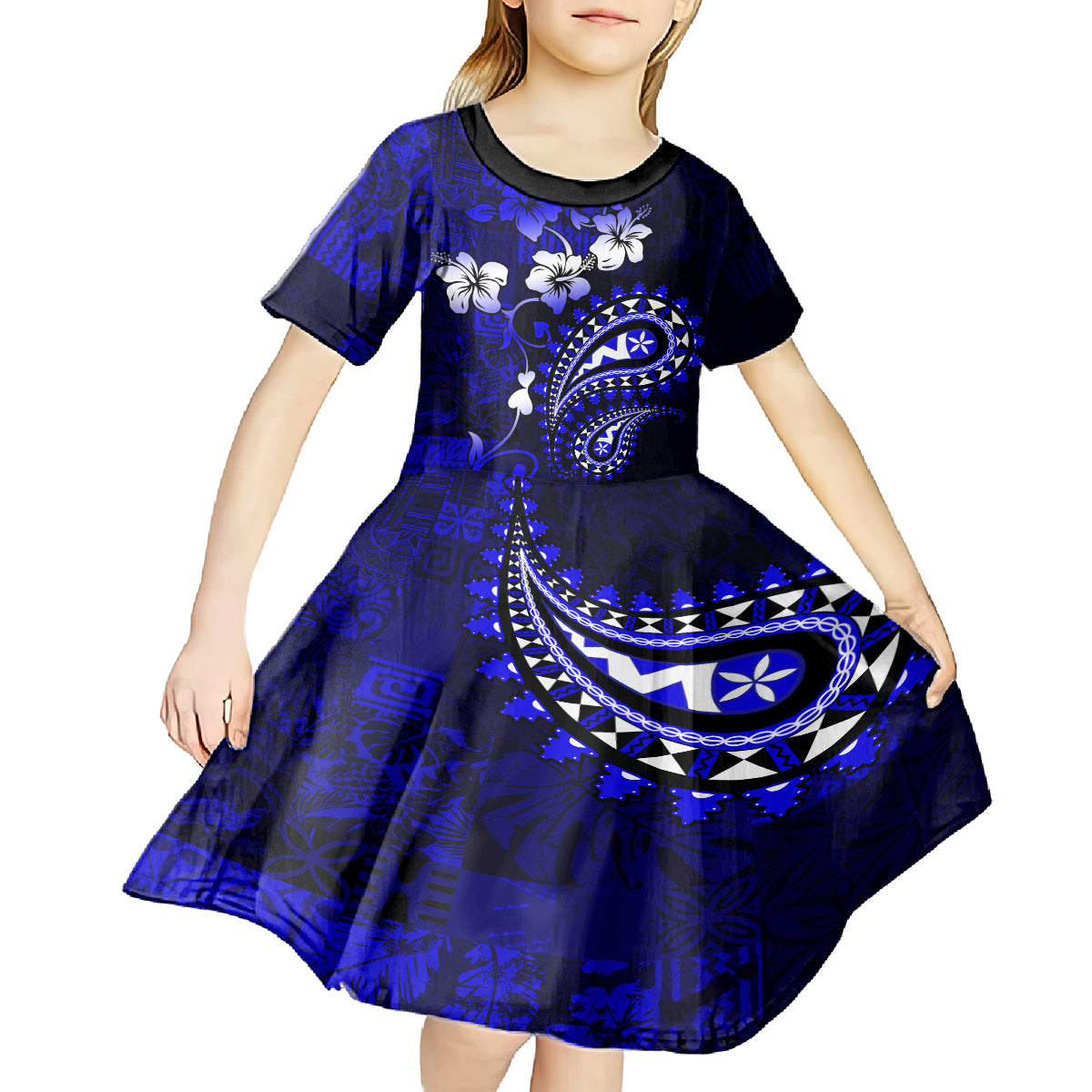 Fiji Masi Paisley With Hibiscus Tapa Kid Short Sleeve Dress Navy Blue Version LT01 - Polynesian Pride