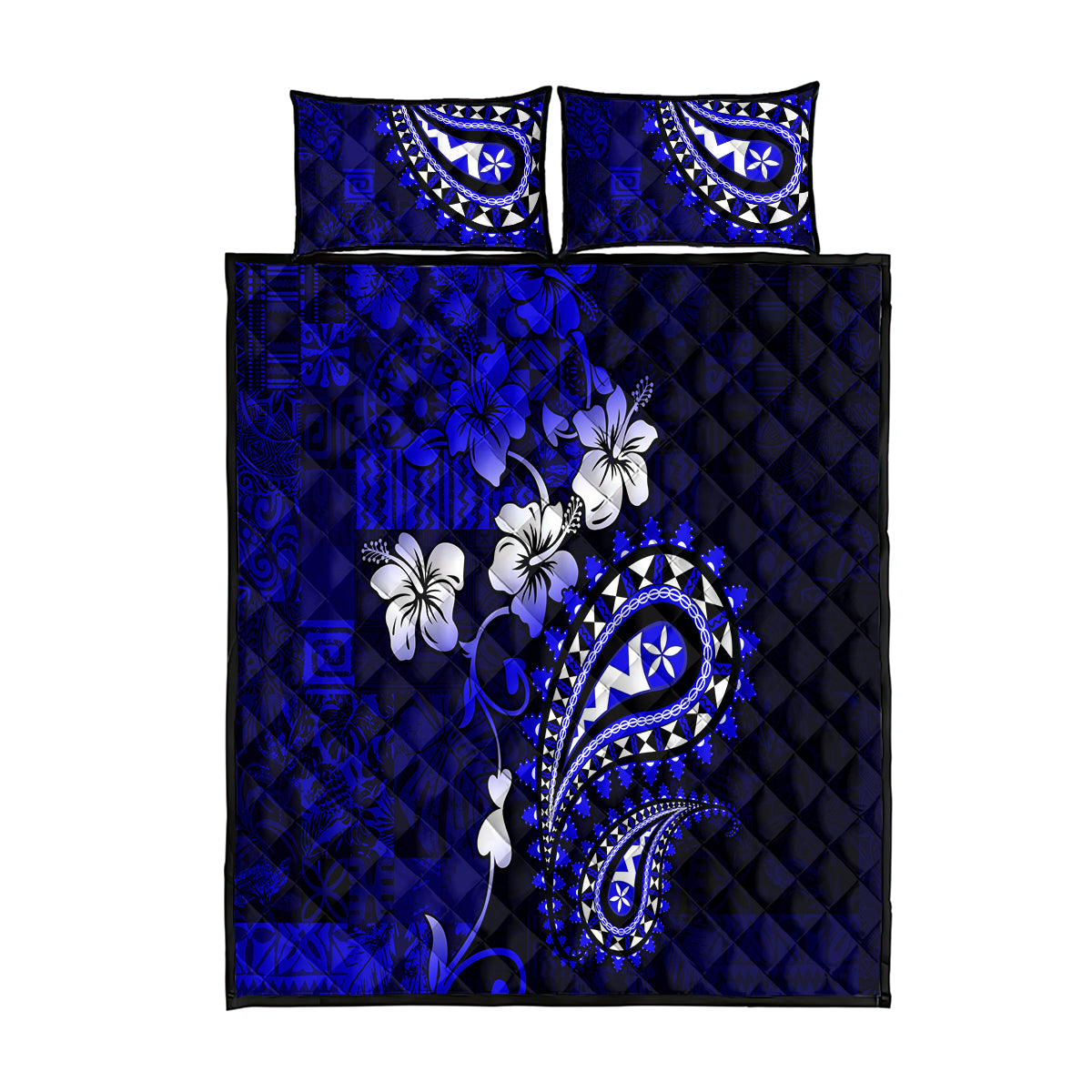 Fiji Masi Paisley With Hibiscus Tapa Quilt Bed Set Navy Blue Version LT01 Blue - Polynesian Pride