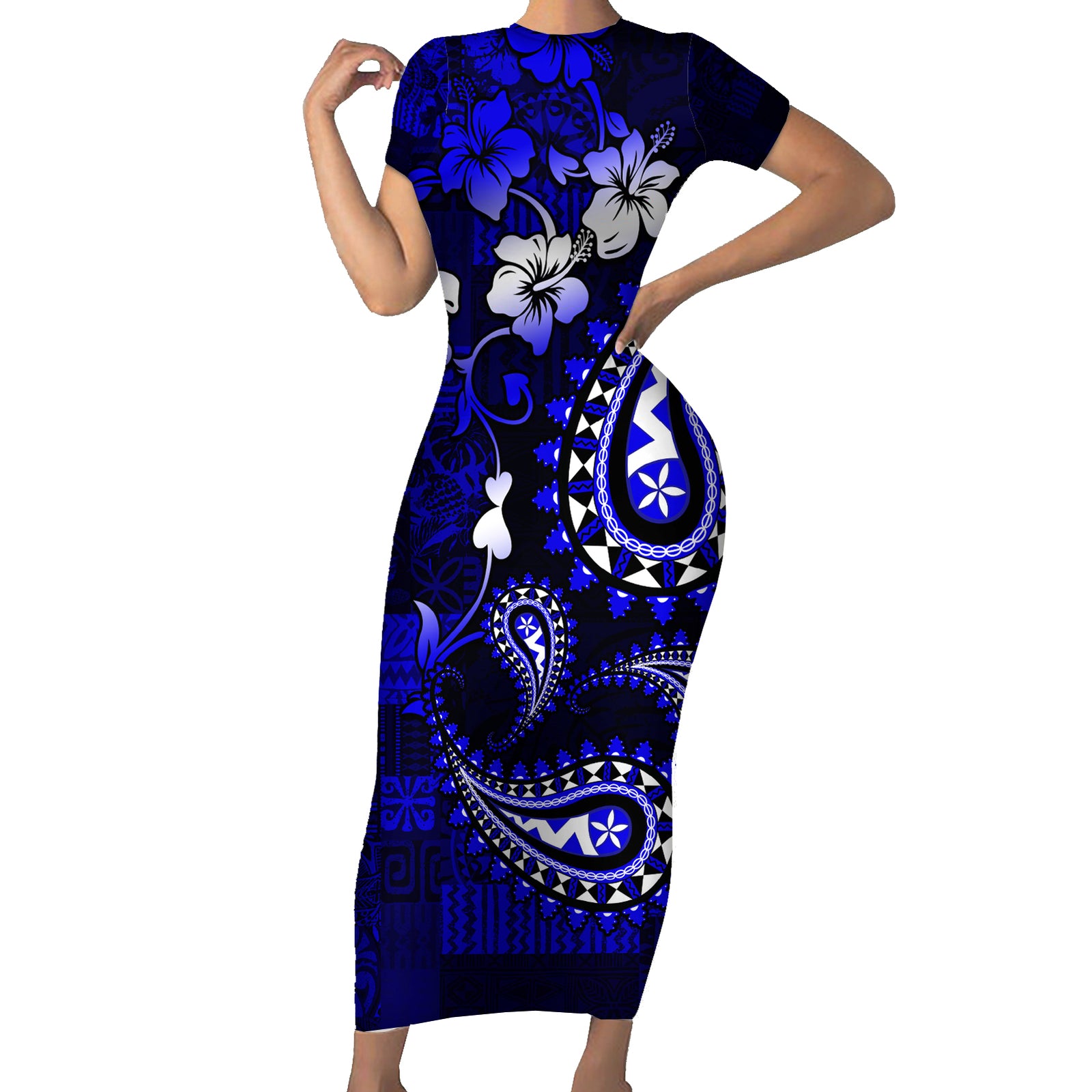 Fiji Masi Paisley With Hibiscus Tapa Short Sleeve Bodycon Dress Navy Blue Version LT01 Long Dress Blue - Polynesian Pride