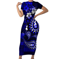 Fiji Masi Paisley With Hibiscus Tapa Short Sleeve Bodycon Dress Navy Blue Version LT01 Long Dress Blue - Polynesian Pride