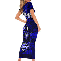 Fiji Masi Paisley With Hibiscus Tapa Short Sleeve Bodycon Dress Navy Blue Version LT01 - Polynesian Pride