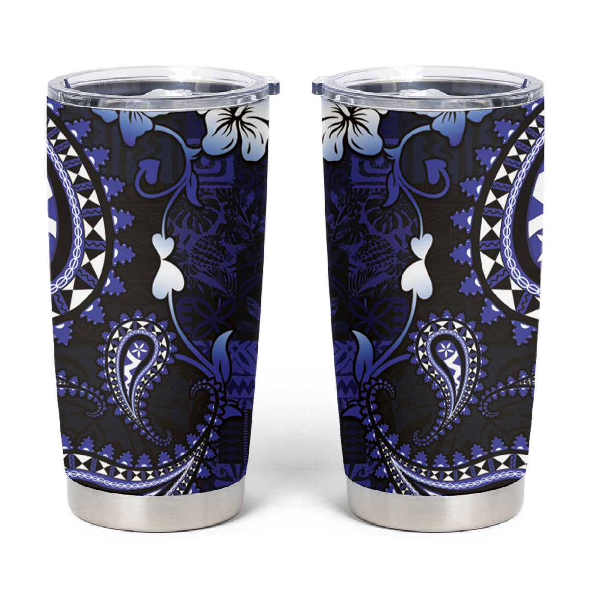 Fiji Masi Paisley With Hibiscus Tapa Tumbler Cup Navy Blue Version