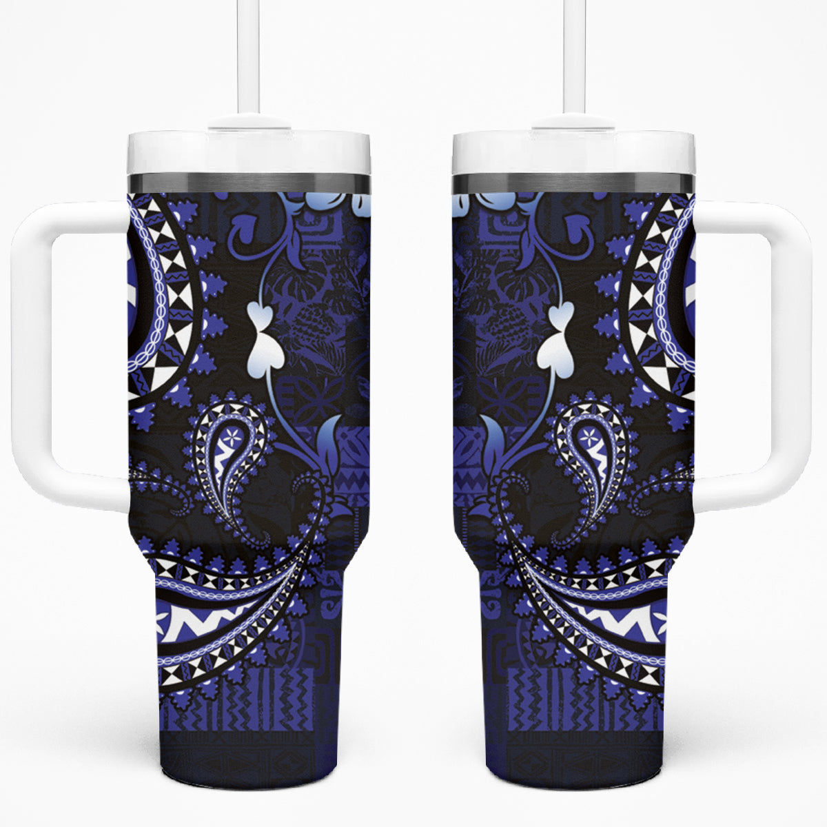 Fiji Masi Paisley With Hibiscus Tapa Tumbler With Handle Navy Blue Version