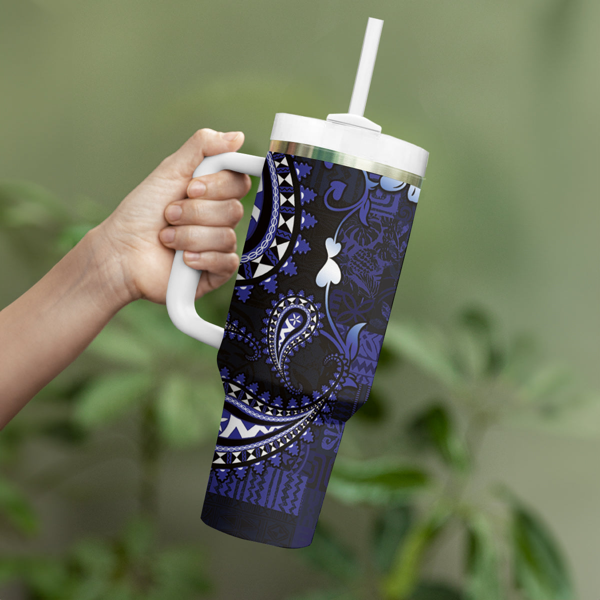 Fiji Masi Paisley With Hibiscus Tapa Tumbler With Handle Navy Blue Version