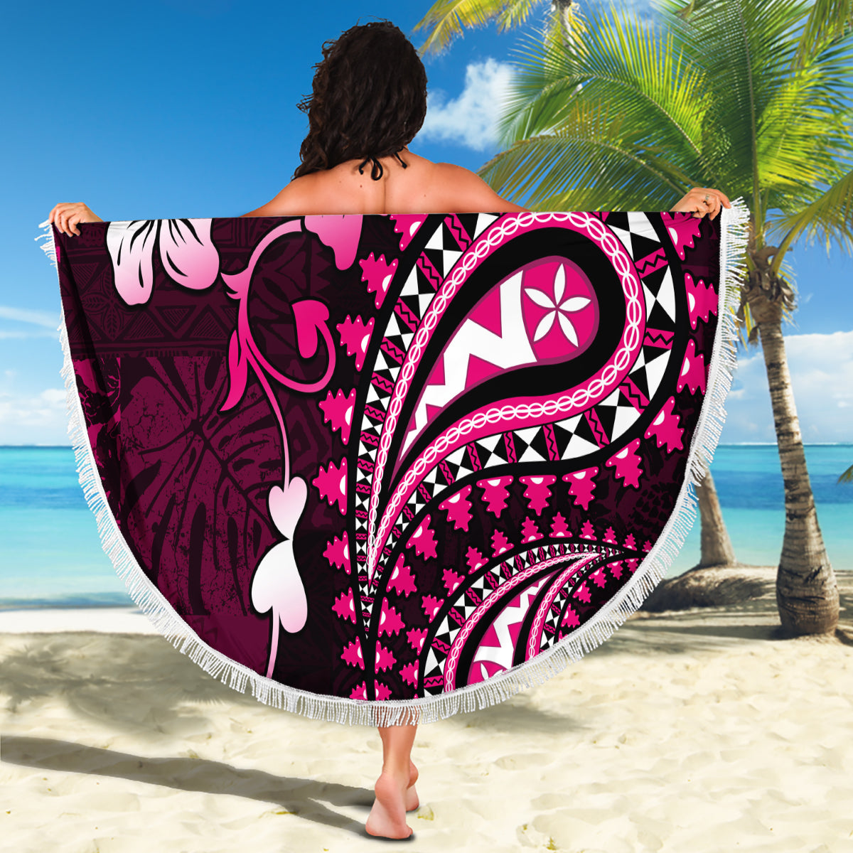Fiji Masi Paisley With Hibiscus Tapa Beach Blanket Pink Version LT01 - Polynesian Pride