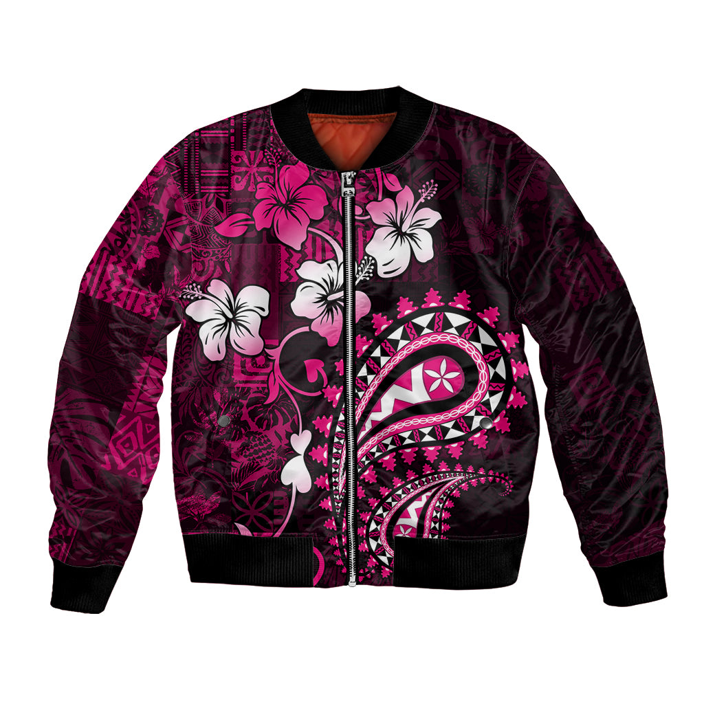 Fiji Masi Paisley With Hibiscus Tapa Bomber Jacket Pink Version LT01 Unisex Pink - Polynesian Pride