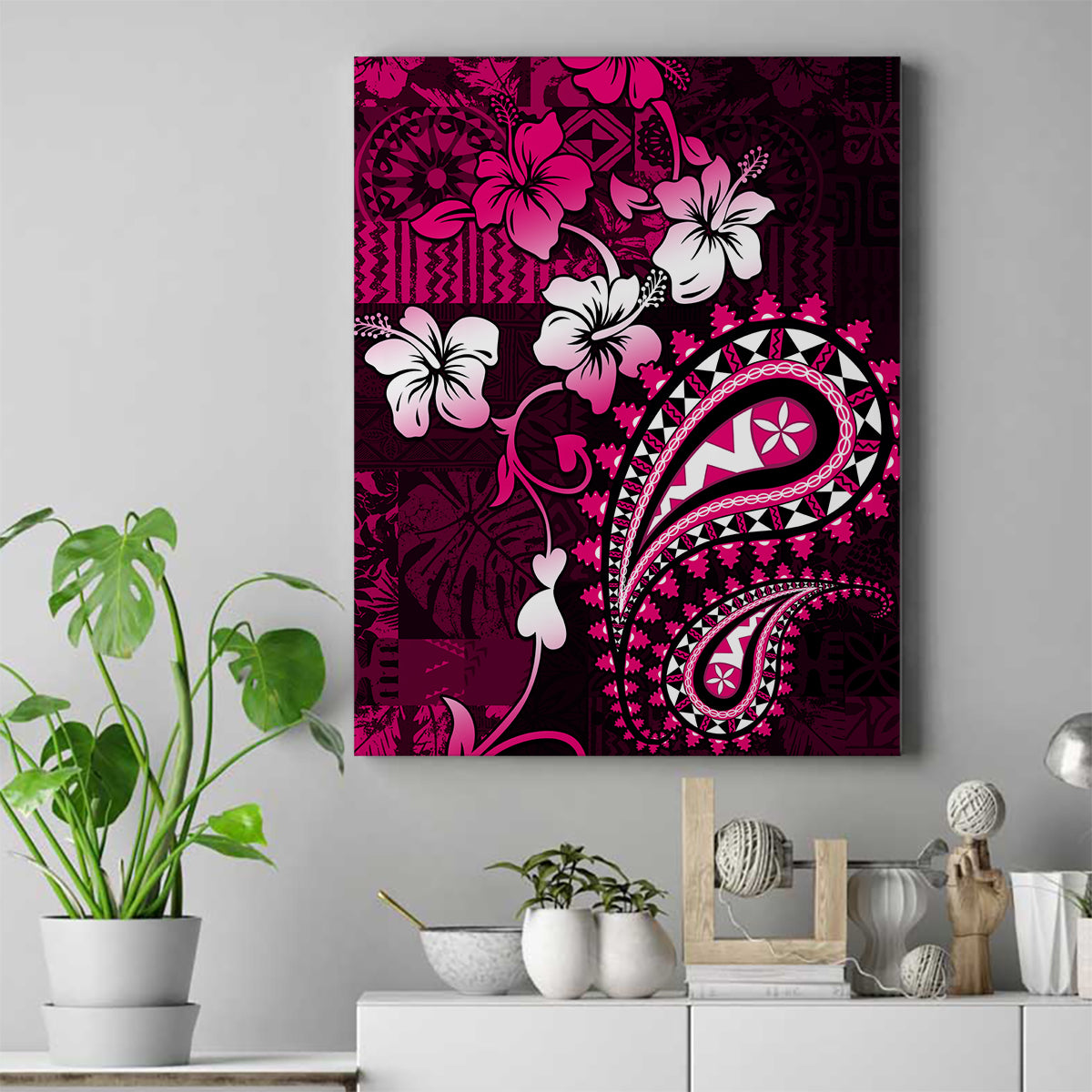 Fiji Masi Paisley With Hibiscus Tapa Canvas Wall Art Pink Version LT01 Pink - Polynesian Pride