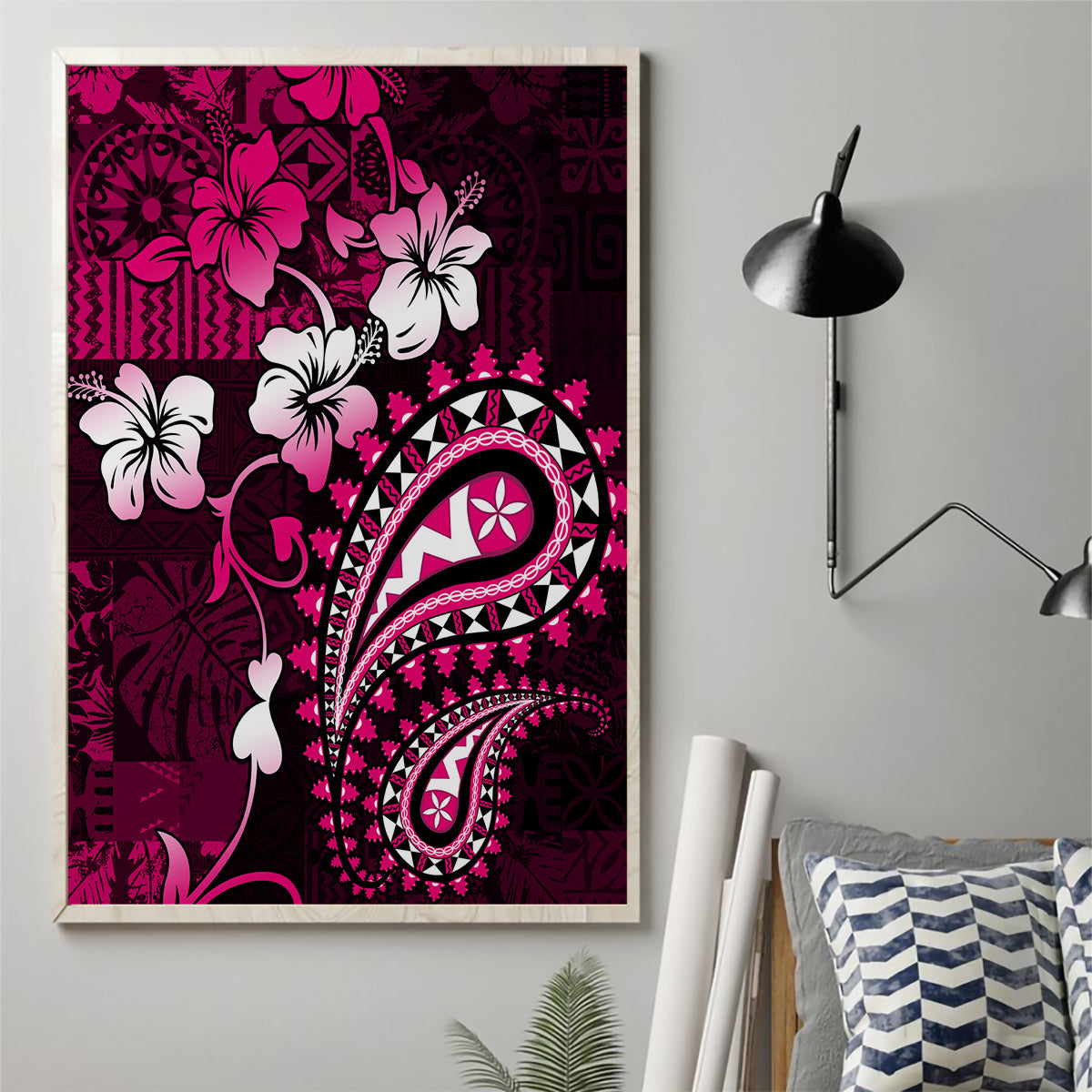 Fiji Masi Paisley With Hibiscus Tapa Canvas Wall Art Pink Version LT01 - Polynesian Pride