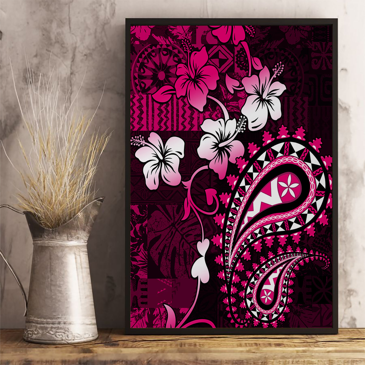 Fiji Masi Paisley With Hibiscus Tapa Canvas Wall Art Pink Version LT01 - Polynesian Pride