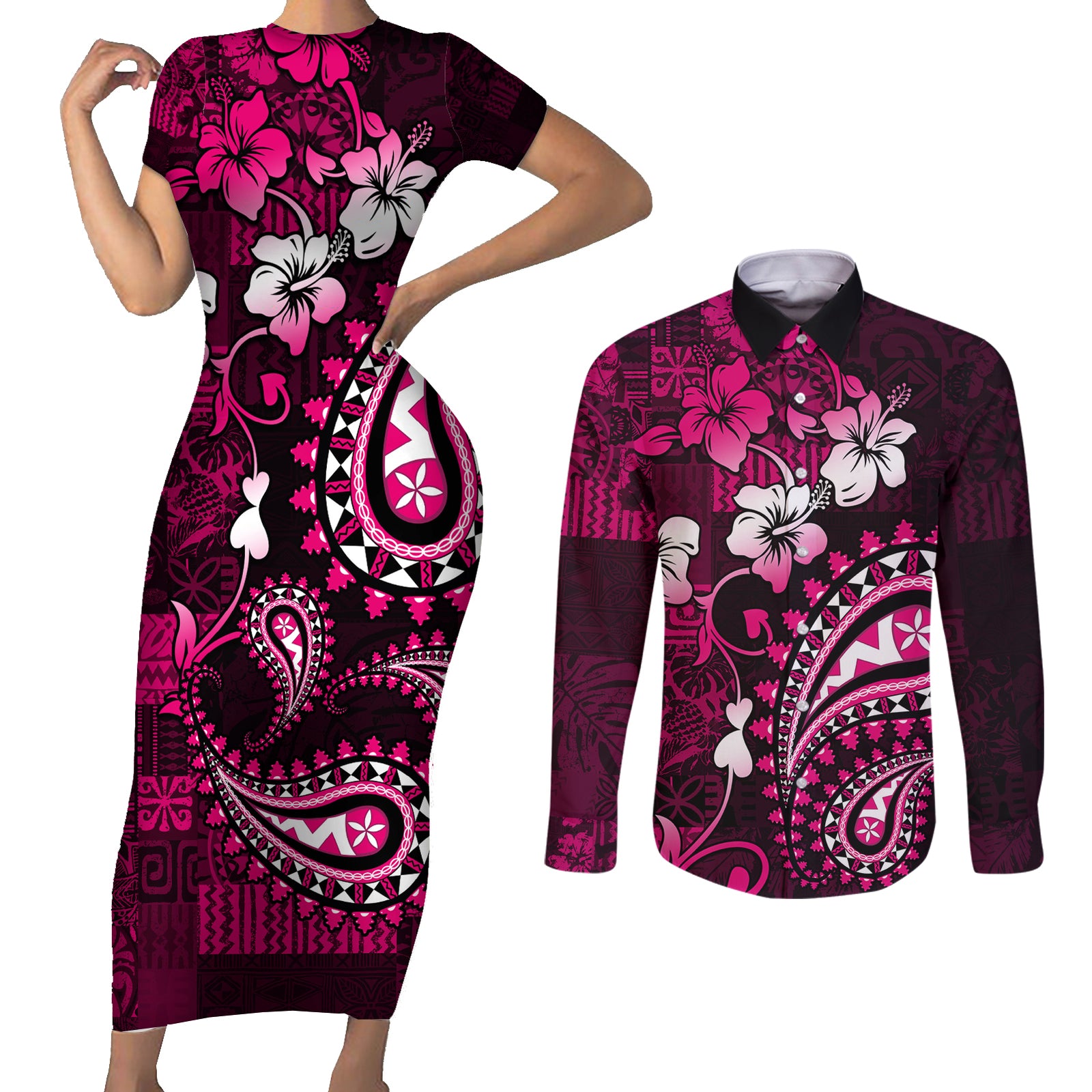 Fiji Masi Paisley With Hibiscus Tapa Couples Matching Short Sleeve Bodycon Dress and Long Sleeve Button Shirt Pink Version LT01 Pink - Polynesian Pride