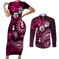 Fiji Masi Paisley With Hibiscus Tapa Couples Matching Short Sleeve Bodycon Dress and Long Sleeve Button Shirt Pink Version LT01 Pink - Polynesian Pride