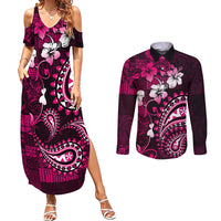 Fiji Masi Paisley With Hibiscus Tapa Couples Matching Summer Maxi Dress and Long Sleeve Button Shirt Pink Version LT01 Pink - Polynesian Pride