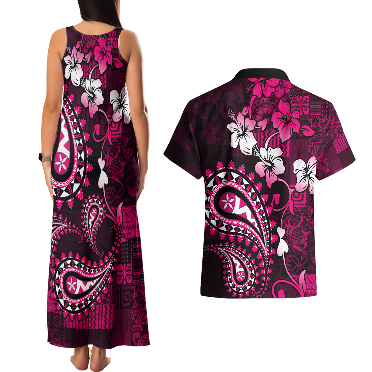 Fiji Masi Paisley With Hibiscus Tapa Couples Matching Tank Maxi Dress and Hawaiian Shirt Pink Version LT01 - Polynesian Pride