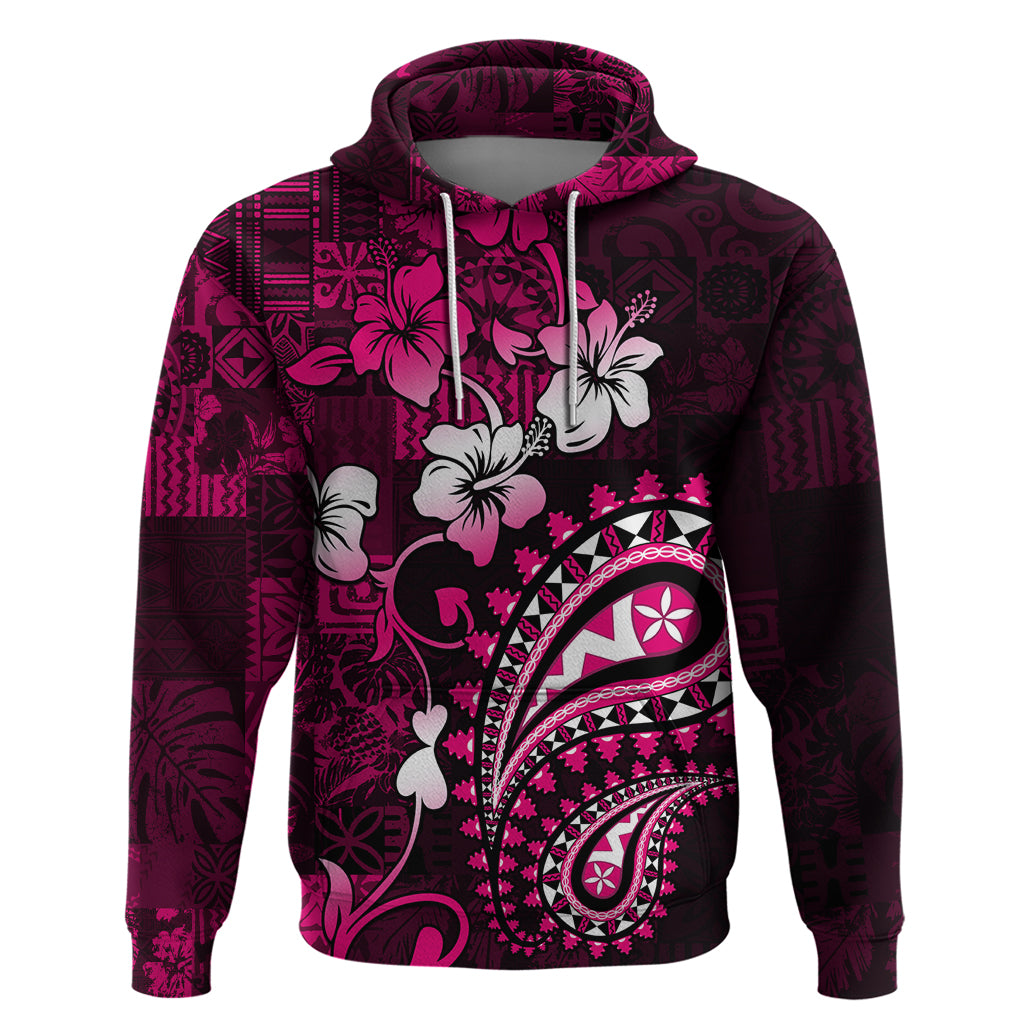 Fiji Masi Paisley With Hibiscus Tapa Hoodie Pink Version LT01 Pullover Hoodie Pink - Polynesian Pride