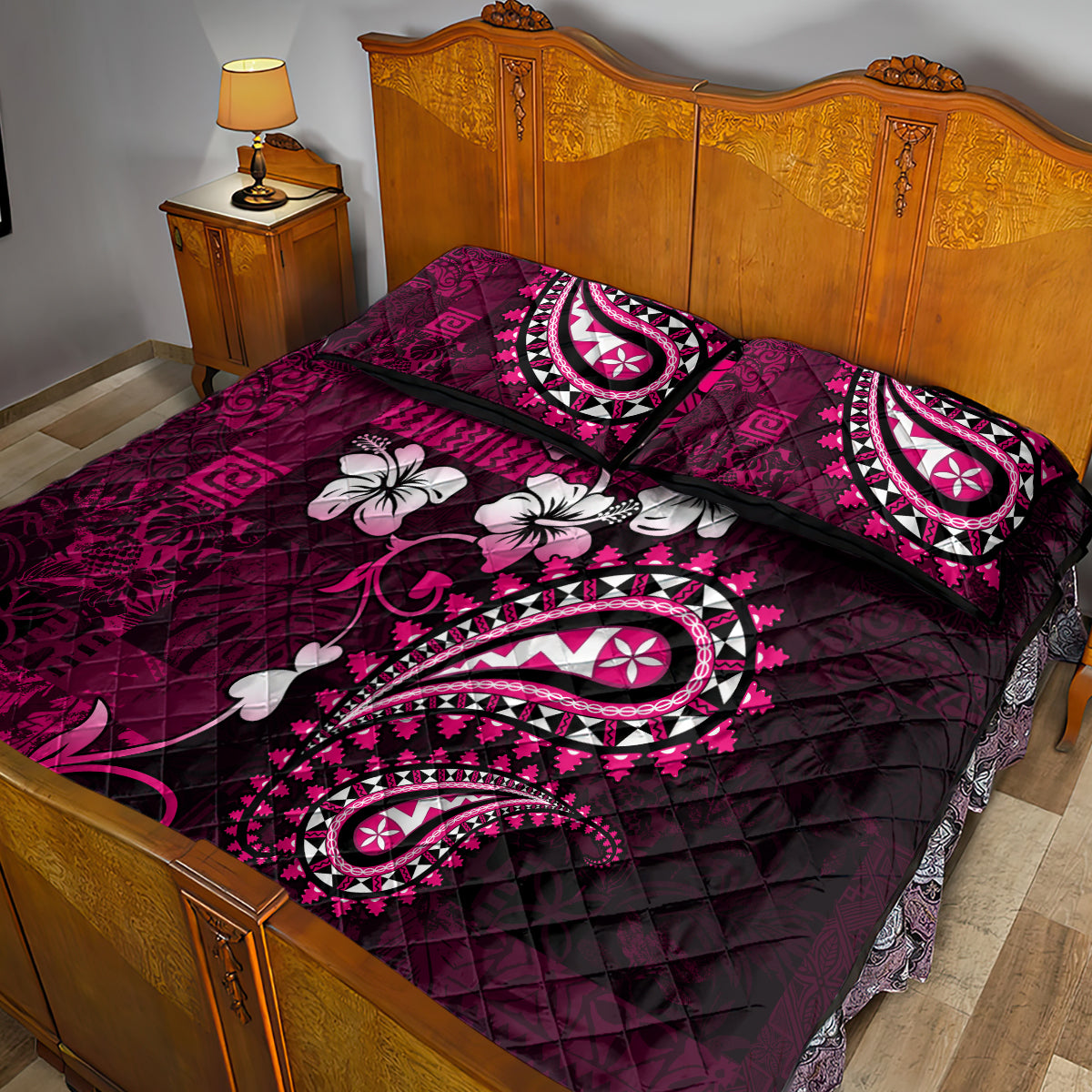 Fiji Masi Paisley With Hibiscus Tapa Quilt Bed Set Pink Version LT01 - Polynesian Pride