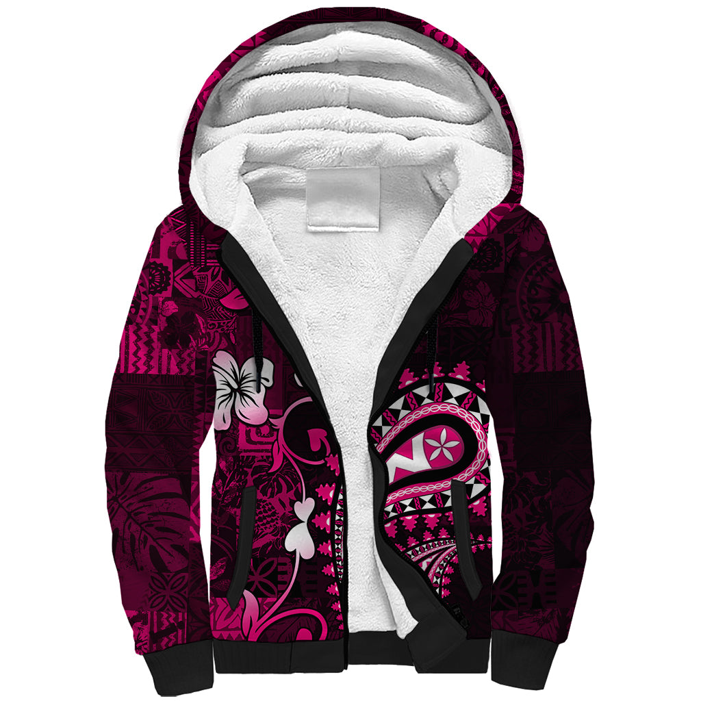 Fiji Masi Paisley With Hibiscus Tapa Sherpa Hoodie Pink Version LT01 Unisex Pink - Polynesian Pride