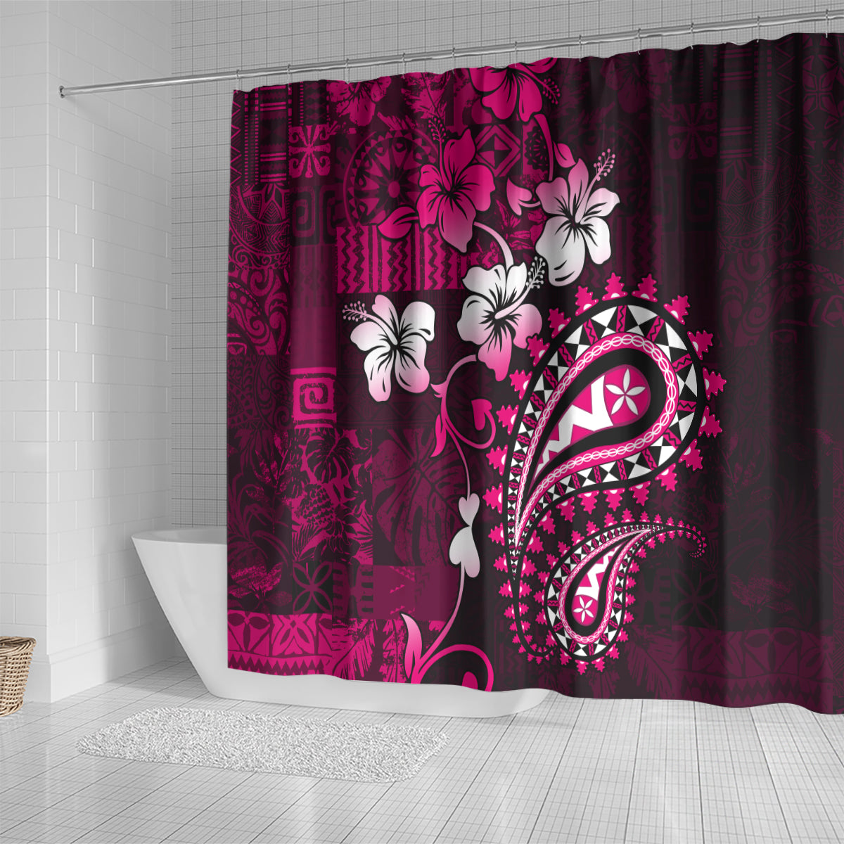 Fiji Masi Paisley With Hibiscus Tapa Shower Curtain Pink Version LT01 - Polynesian Pride