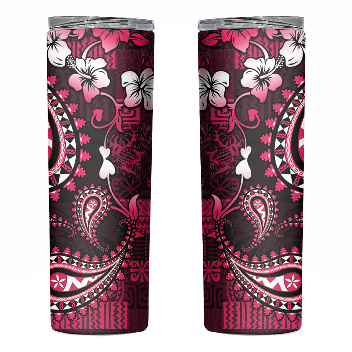 Fiji Masi Paisley With Hibiscus Tapa Skinny Tumbler Pink Version