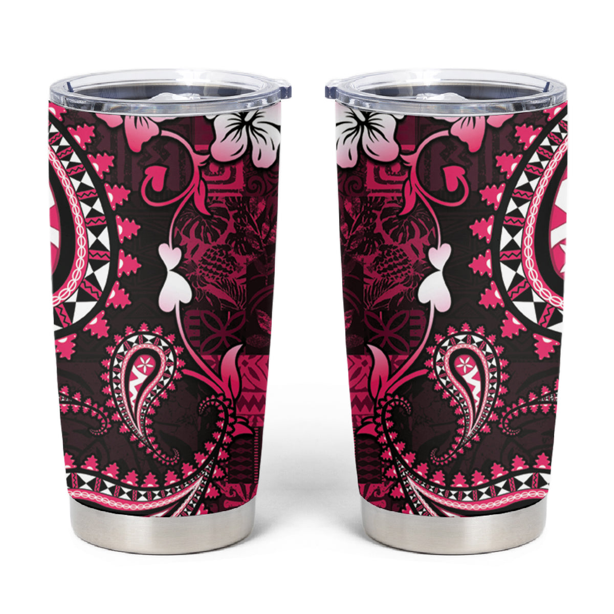 Fiji Masi Paisley With Hibiscus Tapa Tumbler Cup Pink Version